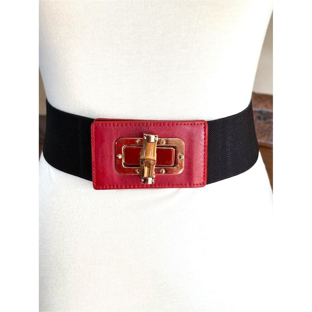 NEW Faux Leather Red Buckle Elastic Waist Belt 26”-32”